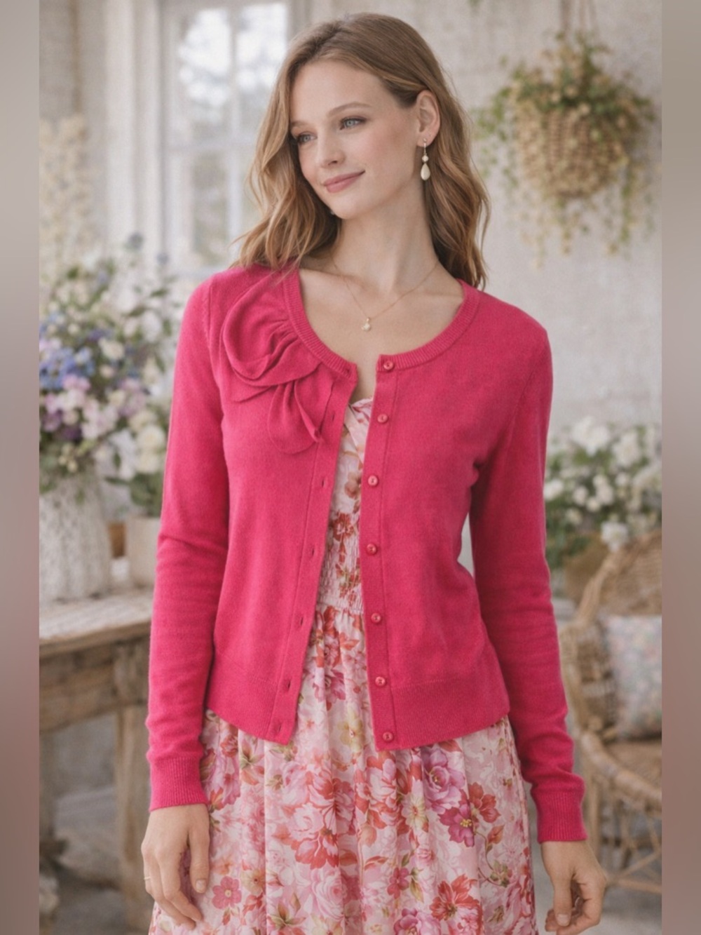 NWT CAbi Swanky Sweater #492 Pink Ruched Bow Cardigan Cotton Cashmere Sz Medium